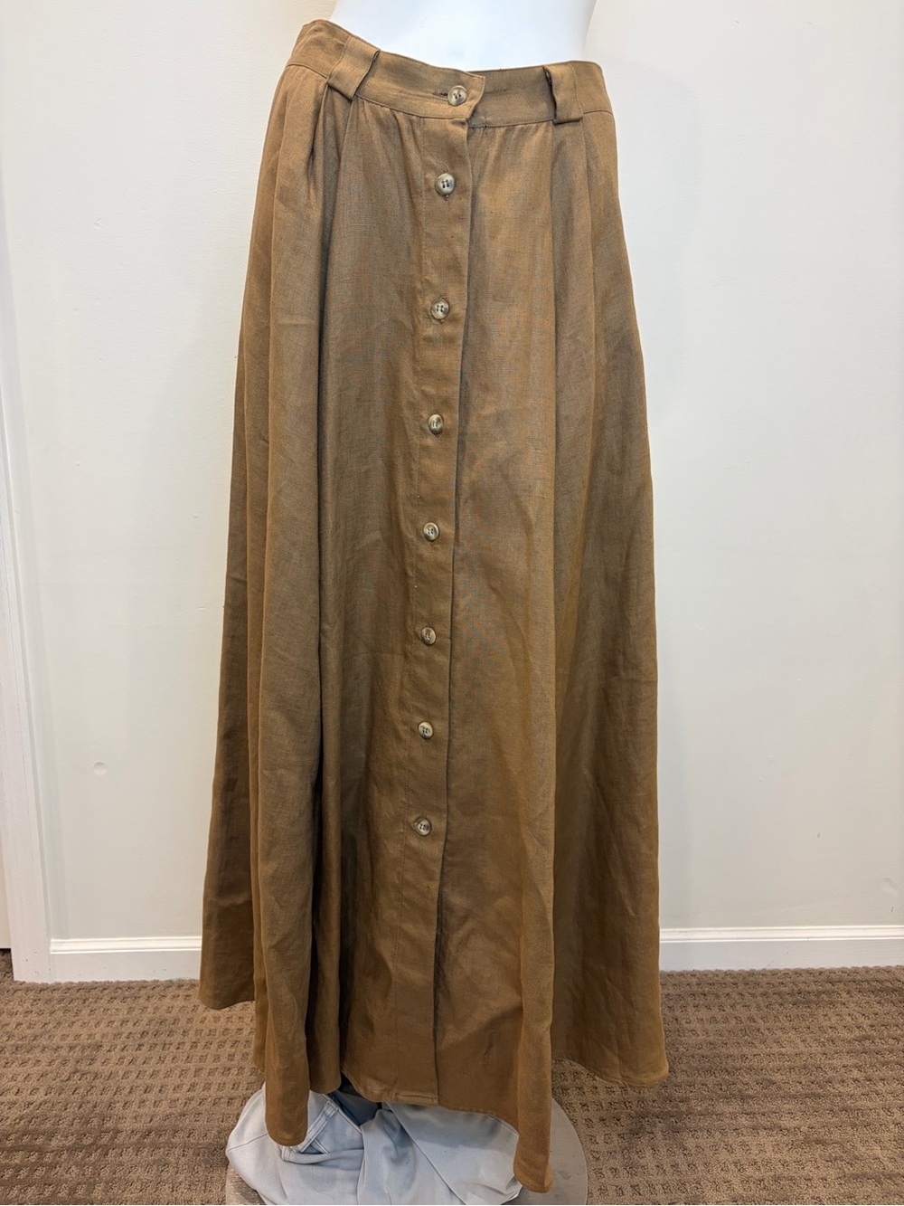 VINTAGE MARK SHALE Tan Brown 100% Linen Button Front Pleated Maxi Skirt